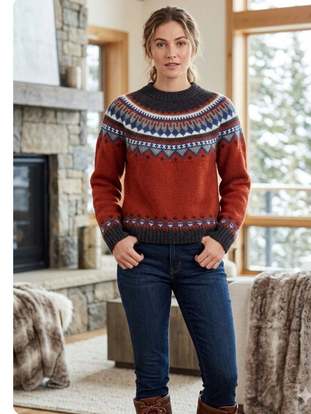 Eddie Bauer Vintage 100% Wool Fair Isle Yoke Knit Sweater Red Petite Large